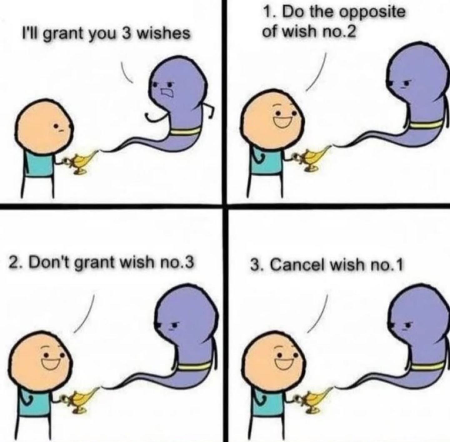 I'll grant you 3 wishes  
1. Do the opposite of wish no.2  
2. Don't grant wish no.3  
3. Cancel wish no.1  