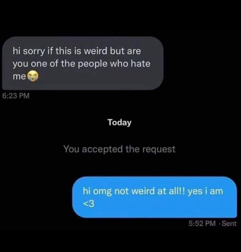 Hi sorry if this is weird but are you one of the people who hate me
hi omg not weird at all!! yes I am <3