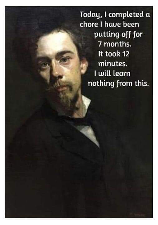 Today, I completed a chore I have been putting off for 7 months.
It took 12 minutes.
I will learn nothing from this.