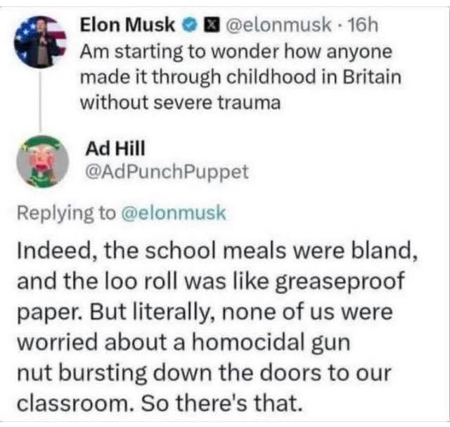Elon Musk  🔵 @elonmusk · 16h  
Am starting to wonder how anyone made it through childhood in Britain without severe trauma

Ad Hill  
@AdPunchPuppet  
Replying to @elonmusk  
Indeed, the school meals were bland, and the loo roll was like greaseproof paper. But literally, none of us were worried about a homocidal gun nut bursting down the doors to our classroom. So there's that.