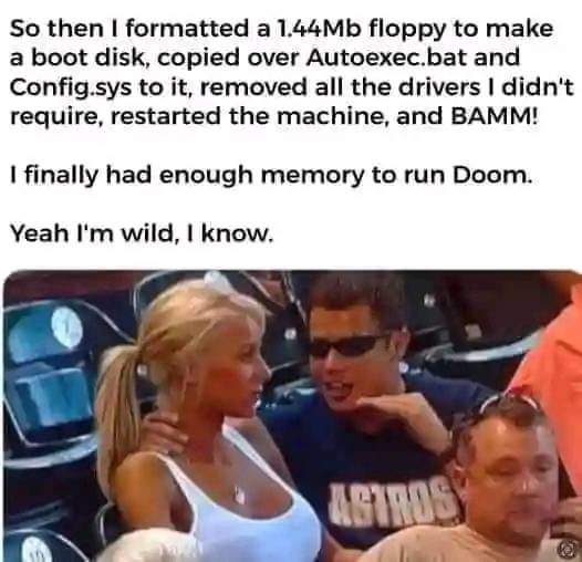 So then I formatted a 1.44Mb floppy to make a boot disk, copied over Autoexec.bat and Config.sys to it, removed all the drivers I didn't require, restarted the machine and BAMM!
I finally had enough memory to run Doom.
Yeah I'm wild, I know 