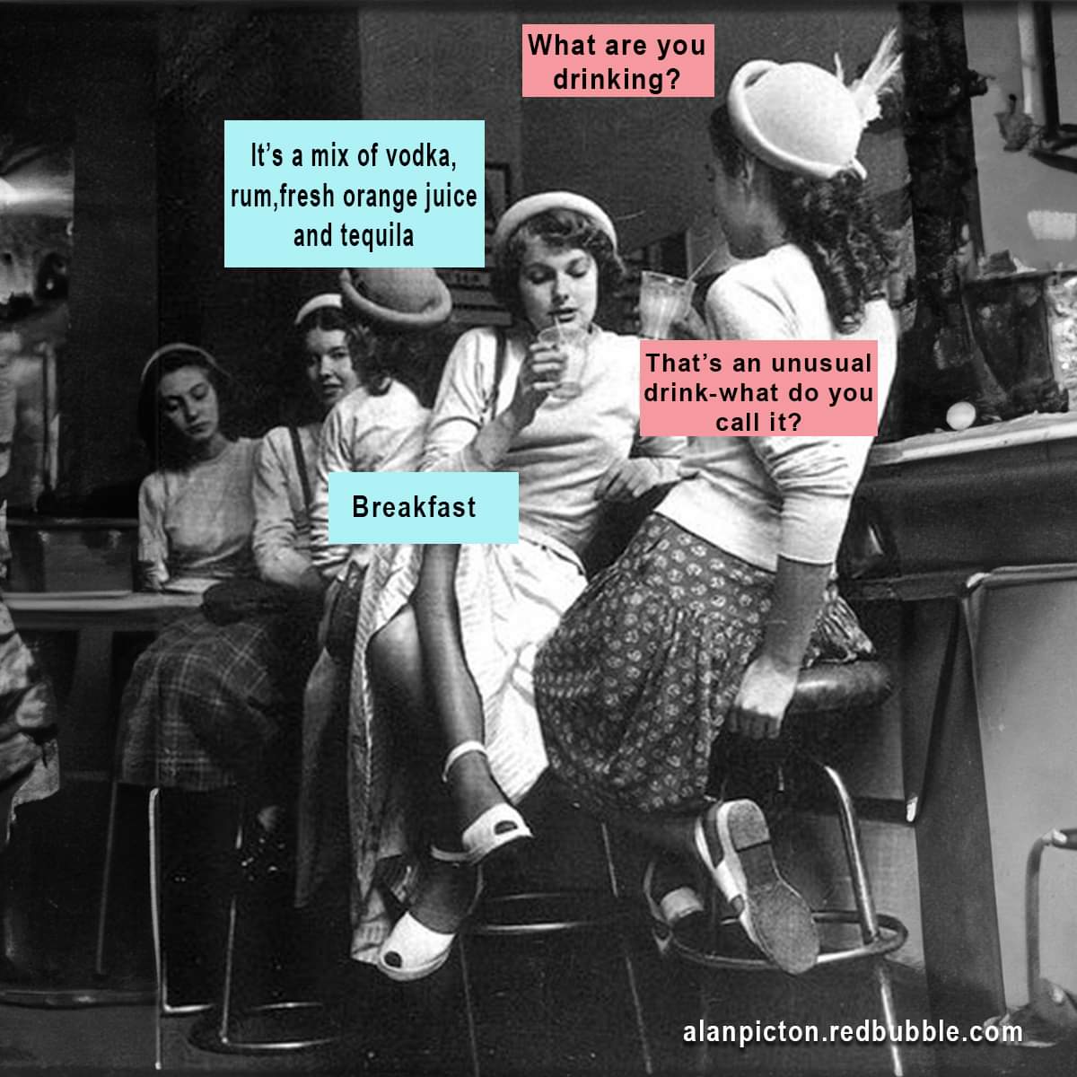 What are you drinking?
It's a mix of vodka, rum, fresh orange juice and tequila
That's an unusual drink - what do you call it?
Breakfast