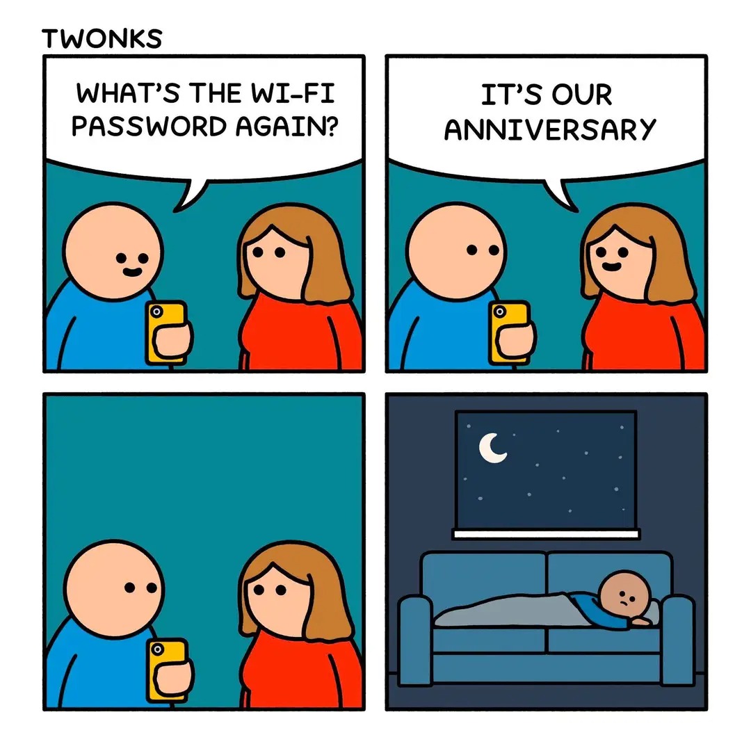 TWONKS  
WHAT'S THE WI-FI PASSWORD AGAIN?  
IT'S OUR ANNIVERSARY