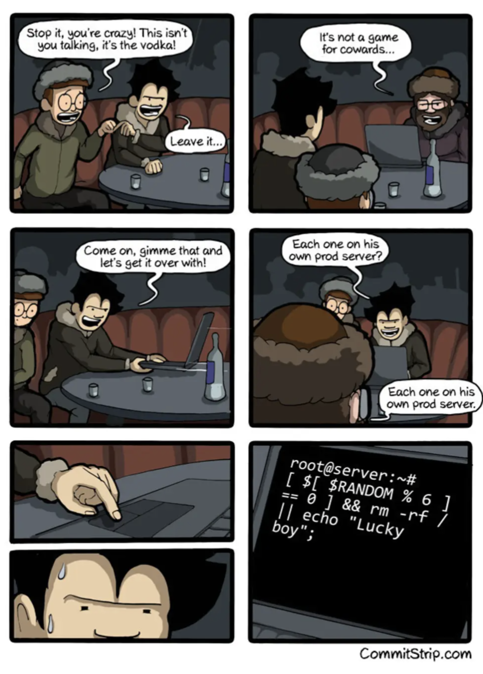 Stop it, your'#re crazy! This isn'tm you talking, it's the vodka
Leave it...
It's not a game for cowards...
Come on, gimme that and let's get this over with!
Each on on his own prod server?
Each on on his own prod server
root@server:~#
[ $[ $RANDOM %6 ]
==0 } && rm -rf /
|| echo "Lucky boy";
