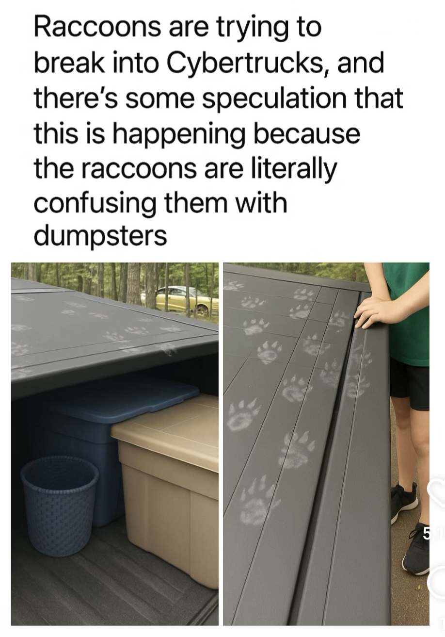 Raccoons are trying to break into Cybertrucks, and there’s some speculation that this is happening because the raccoons are literally confusing them with dumpsters