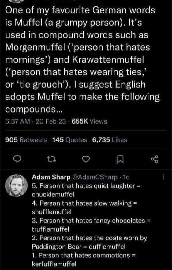 One of my favourite German words is Muffel (a grumpy person). It's used in compound words such as Morgenmuffel ('person that hates mornings') and Krawattenmuffel ('person that hates wearing ties,' or 'tie grouch'). I suggest English adopts Muffel to make the following compounds...

5. Person that hates quiet laughter = chucklemuffel
4. Person that hates slow walking = shufflemuffel
3. Person that hates fancy chocolates = trufflemuffel
2. Person that hates the coats worn by Paddington Bear = dufflemuffel
1. Person that hates commotions = kerfufflemuffel