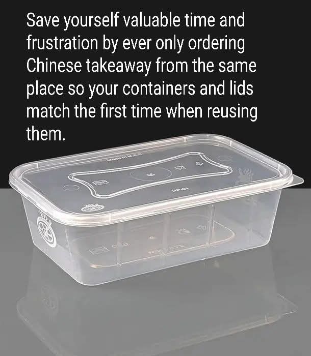 Save yourself valuable time and frustration by ever only ordering Chinese takeaway from the same place so your containers and lids match the first time when reusing them.