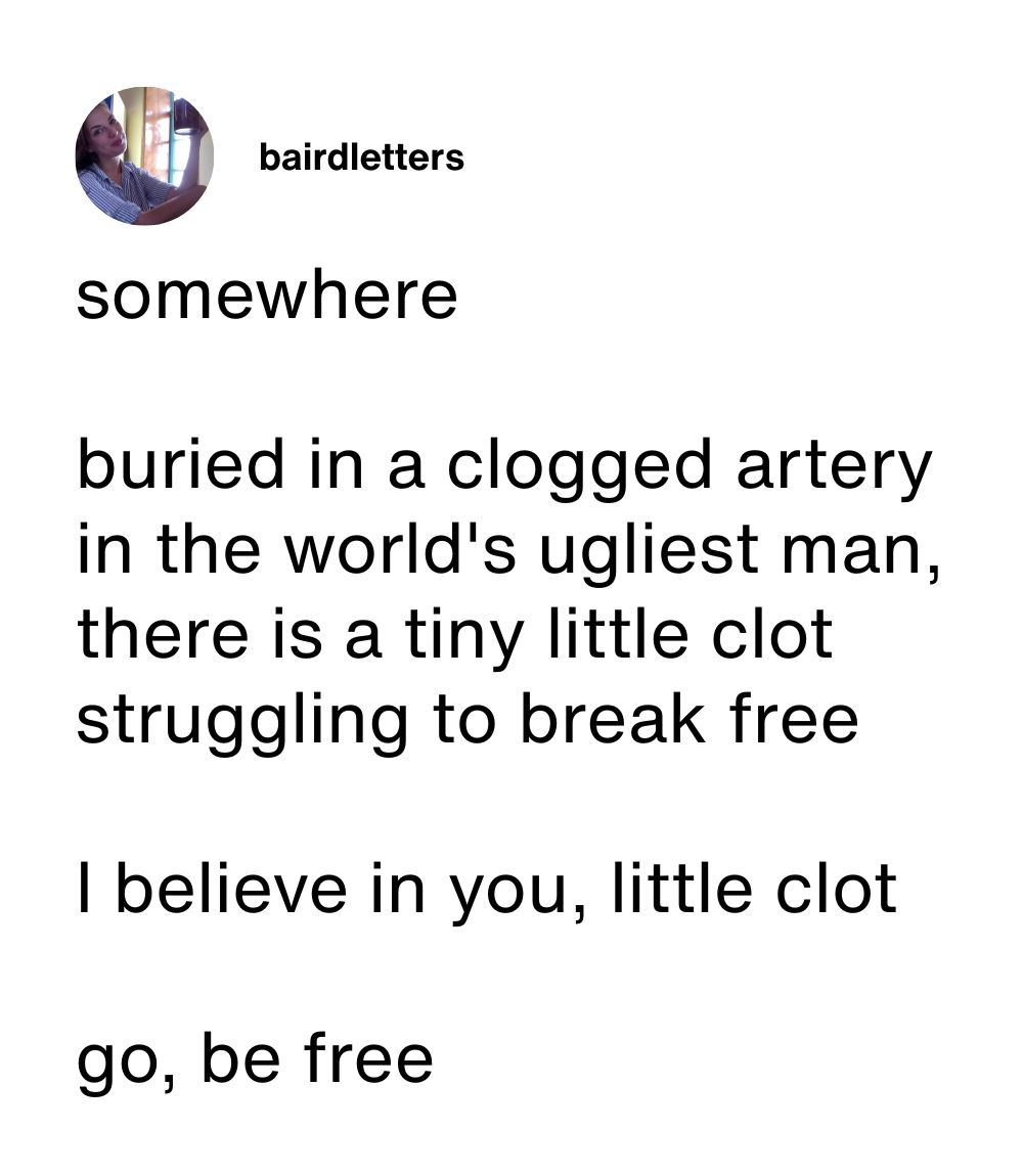 bairdletters

somewhere

buried in a clogged artery
in the world's ugliest man,
there is a tiny little clot
struggling to break free

I believe in you, little clot

go, be free