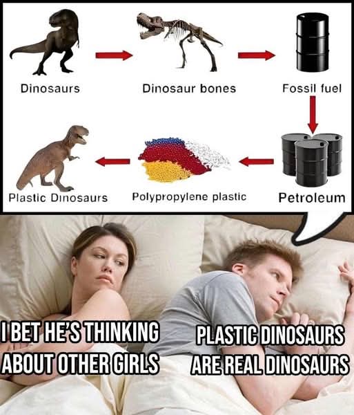 Her: I BET HE'S THINKING ABOUT OTHER GIRLS  
Him: Dinosaurs > Dinosaur bones > Fossil fuel > Petroleum > Polypropylene plastic > Plastic Dinosaurs
PLASTIC DINOSAURS ARE REAL DINOSAURS