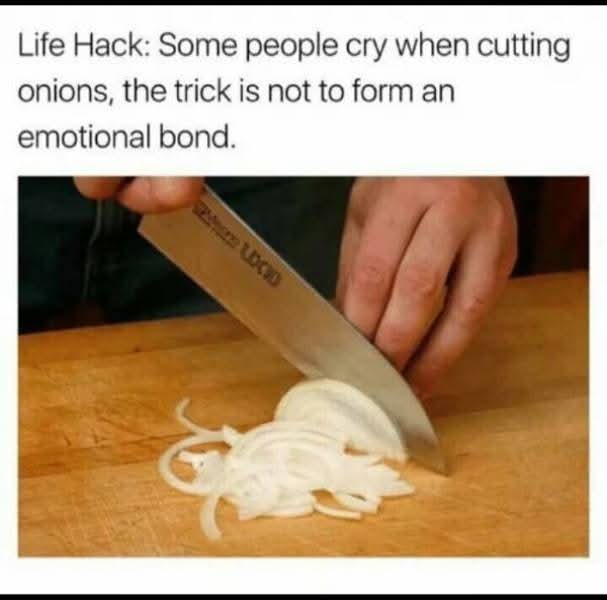 Life Hack: Some people cry when cutting onions, 
the trick is not to form an emotional bond.